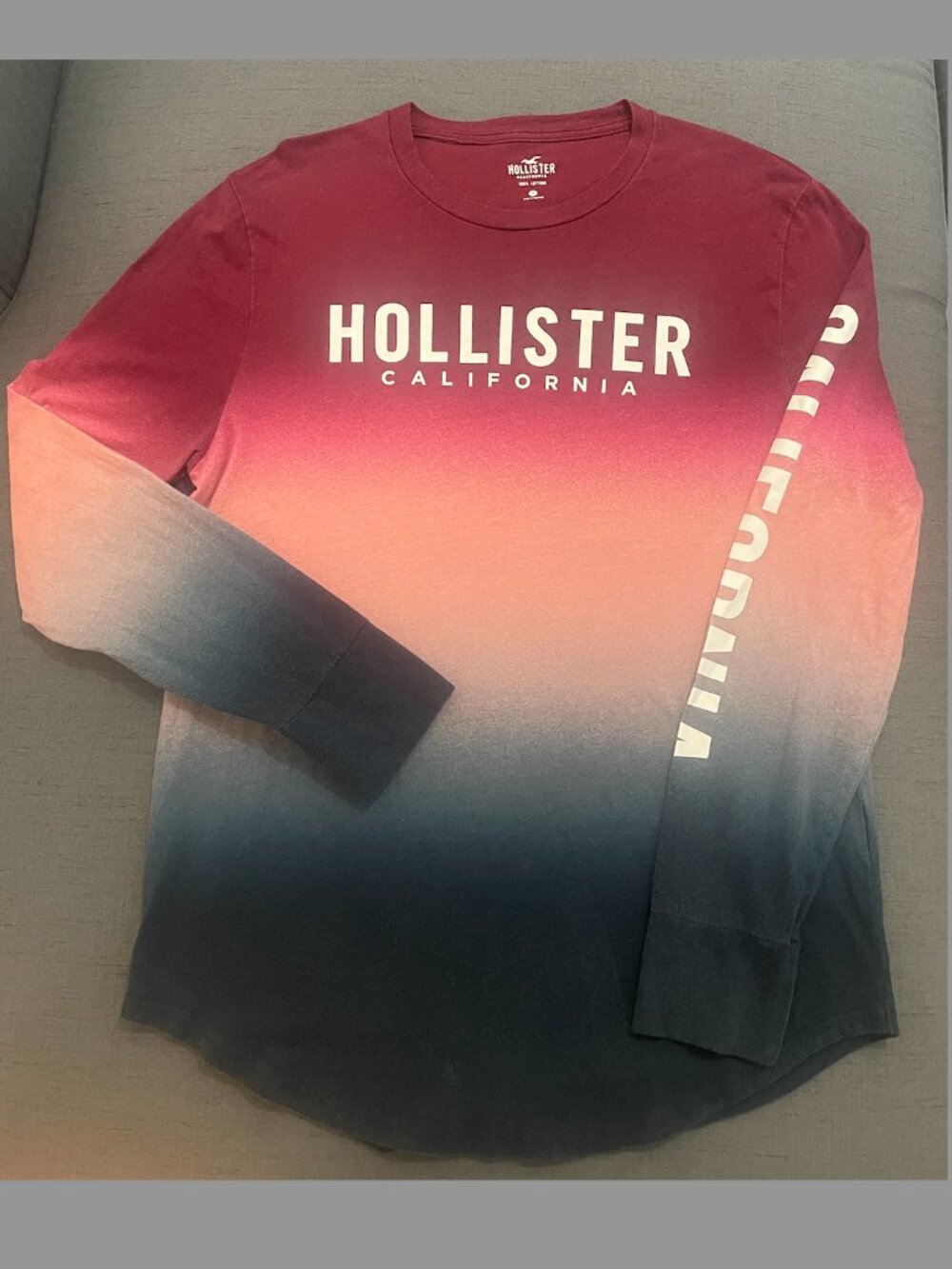 Hollister Graphic Spell Out Long Sleeve Shirt Sunset Ombre Maroon Blue SZ M